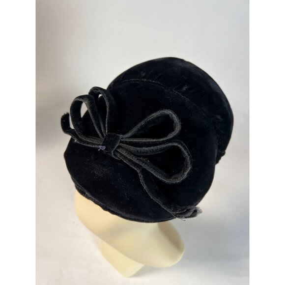 Vintage Black Velvet Womens Pillbox Hat With Bow Accent - Picture 4 of 12